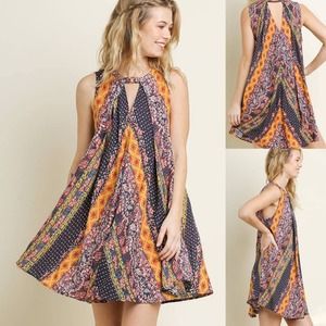 Umgee Sleeveless Multi-Print Pleated Dress Trapeze Swing Boho Women's Size M